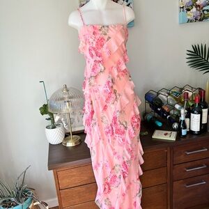 Blush Pink Floral Mesh Ruffled Cocktail Dress